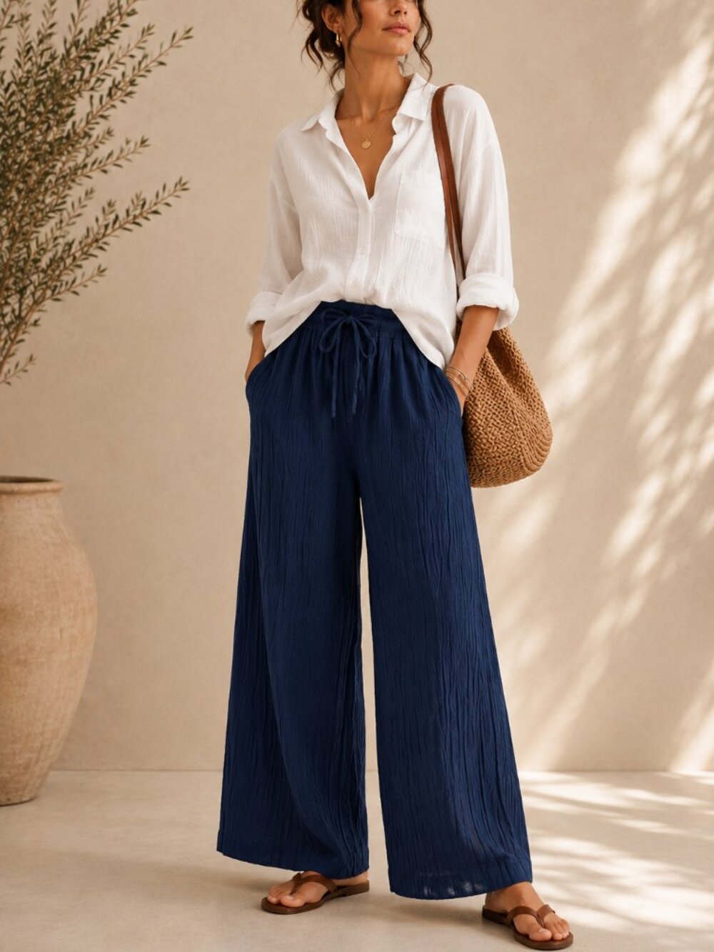 Splendid Navy Blue Cotton Gauze Wide Leg Pants Coastal Quiet Luxury NWT Small